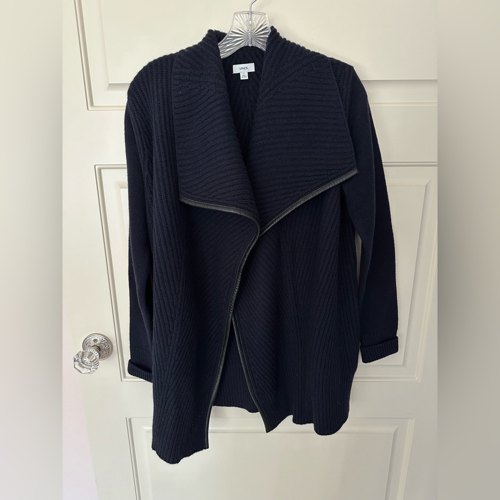 Vince Ribbed Yak Wool Draped Cardigan with Lamb Skin Leather Trim in Navy Blue